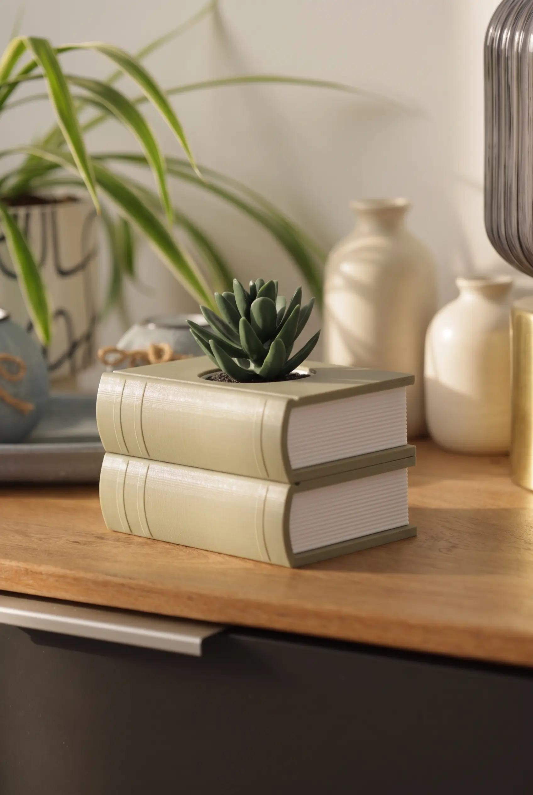 Two-book BOOKSTACK planter in a warm interior