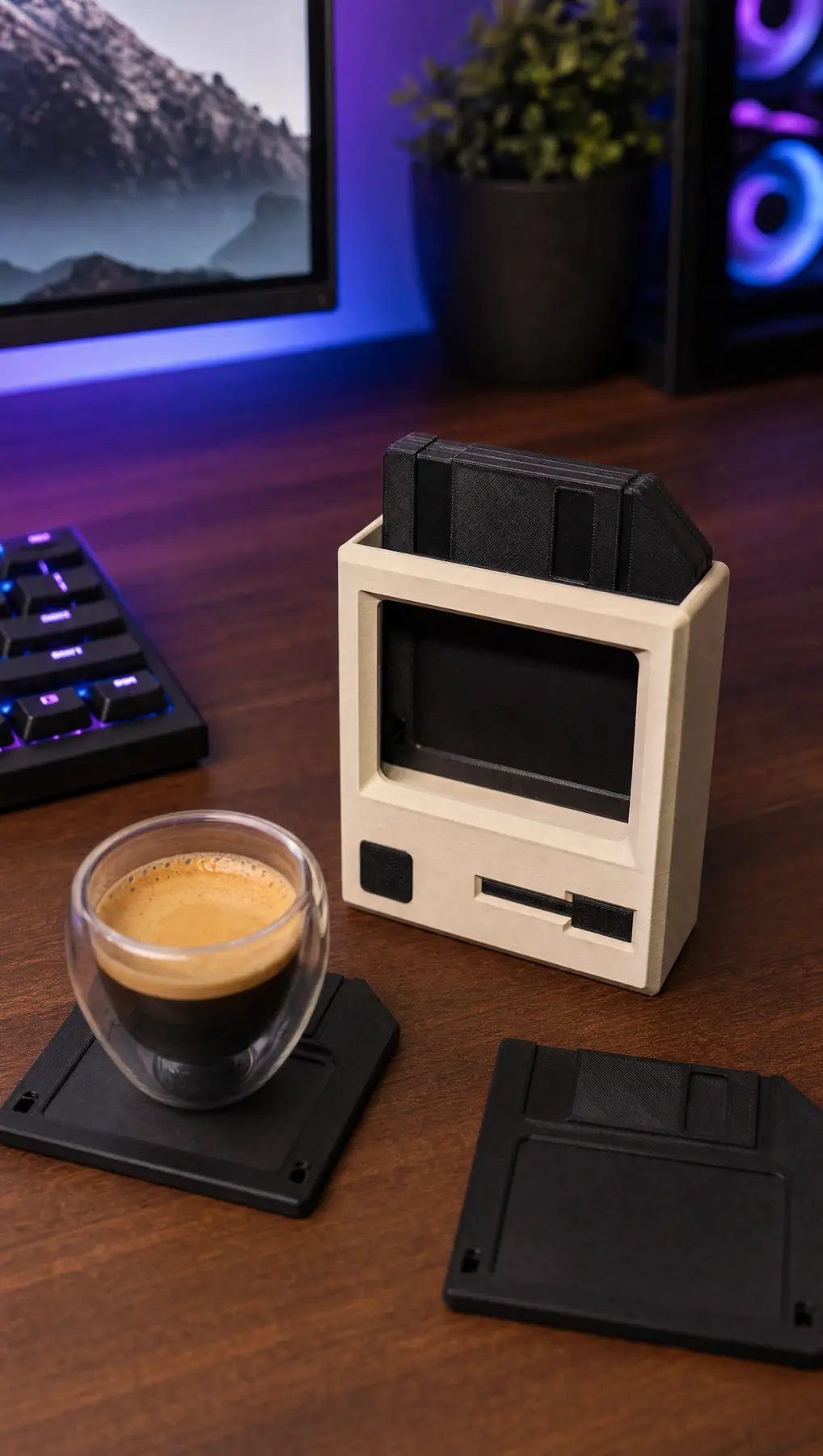Floppy disk coaster set on a working desk
