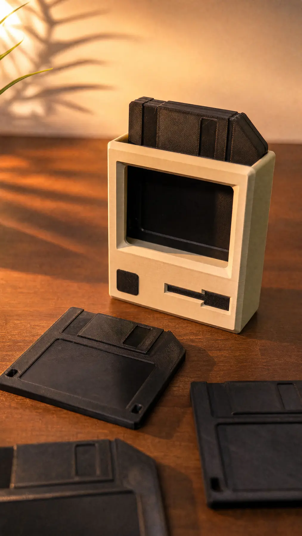 Floppy disk coaster set in warm evening light