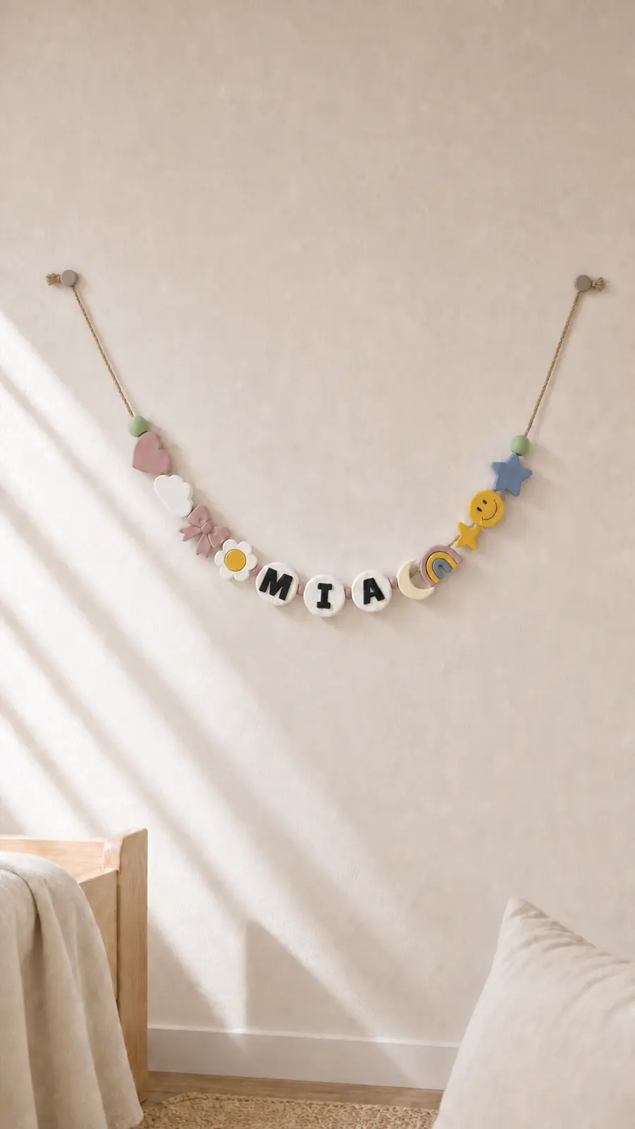 Wide view of the installed MIA name garland