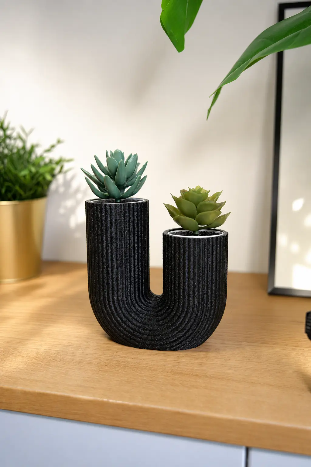 Black U-FORM holding two small plants