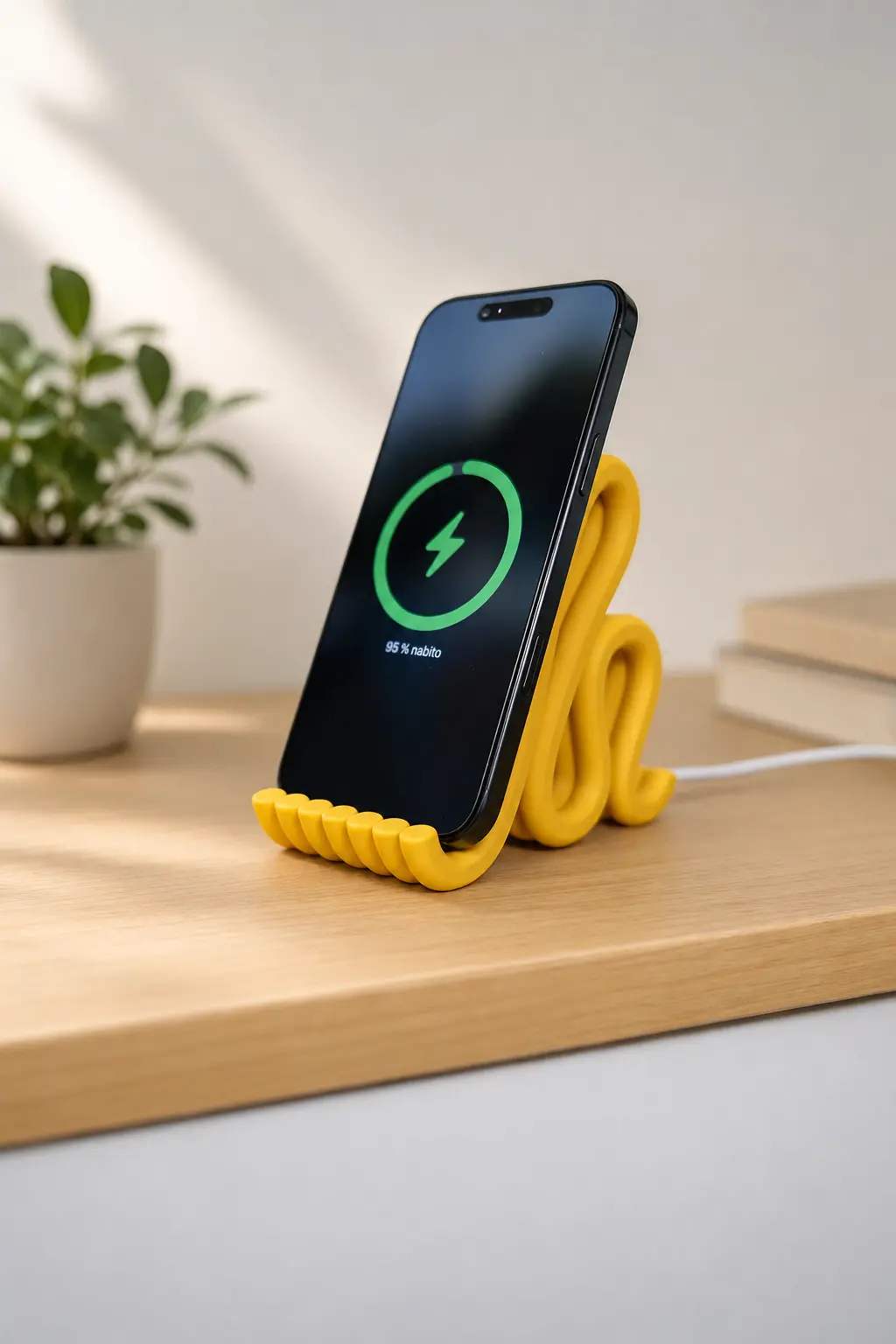 Phone charging on a yellow WAVE MagSafe stand