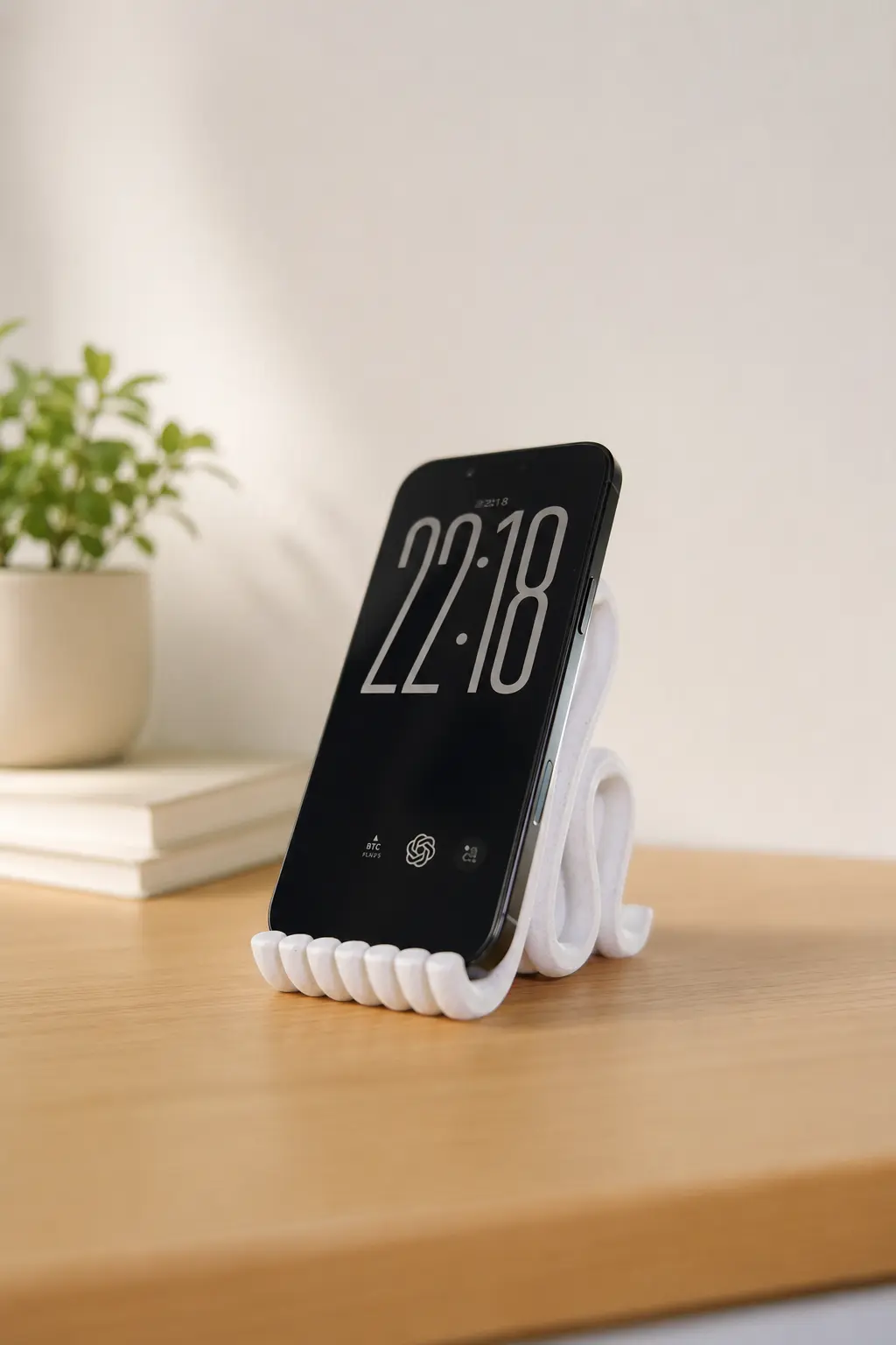 Phone resting on a white WAVE stand